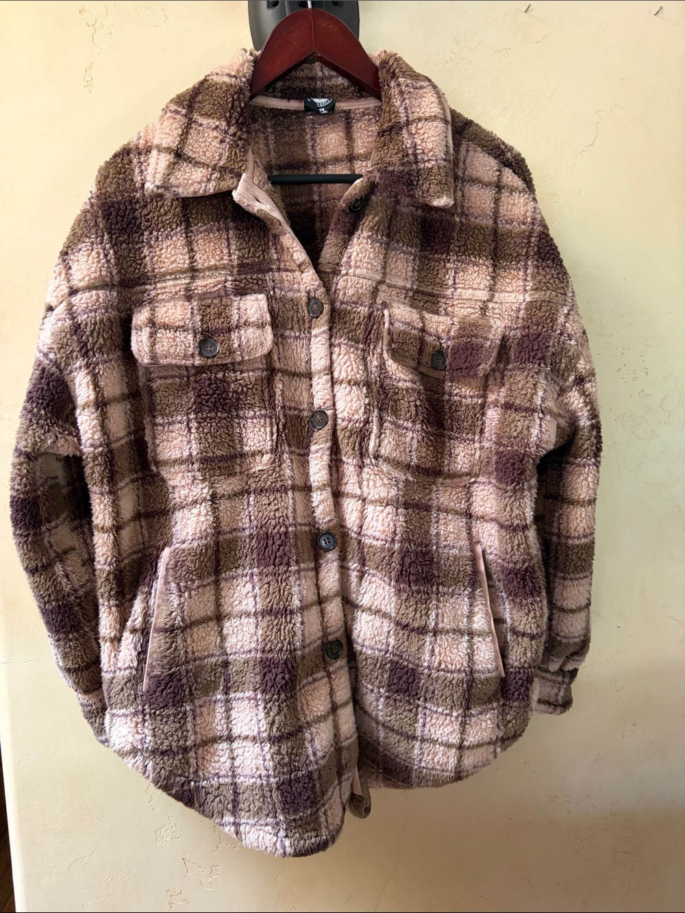 Sz XS/S Plush Plaid Shacket Jacket - Taupe & Brown